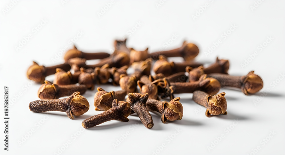 Fototapeta premium Scattered Dried Cloves Buds on White Background for Culinary and Herbal Concept