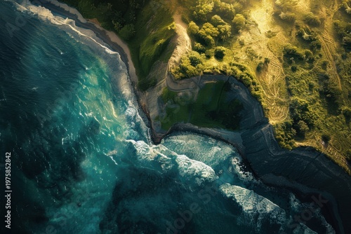 Bird's-Eye Drone View Coastal Cliffs Ocean Surf Golden Light