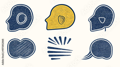 Artistic illustrations, hand drawn with rough textures. Six different icons on a cream background