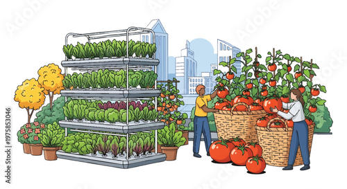 people harvesting and arranging plants and vegetables in garden