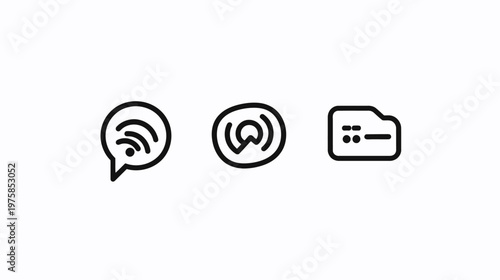 Minimalist line art icons depicting connectivity, wireless signals, communication, and digital exchange