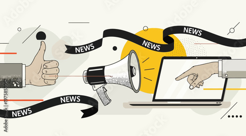 Digital news and media concept illustration with megaphone and laptop