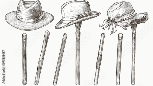 Artistic ink illustration of three vintage hats, each perched on a brush handle