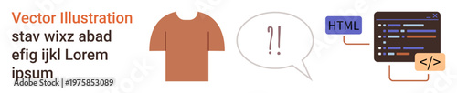 Web design, development education, coding, programming, communication, learning resources. T-shirt, speech bubble and code interface . Web design and development education ideas