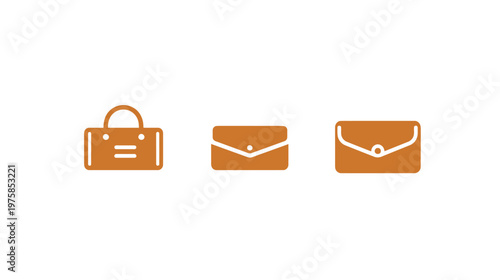 Isolated icons of handbags and wallets in a warm brown color on a white background, minimal design