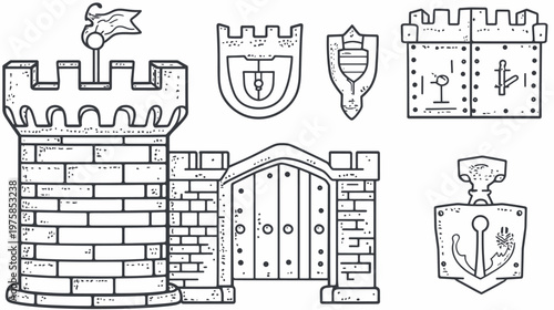 Linear illustration of a fortified structure, including a tower, shields, and entrance