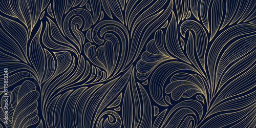 Luxury gold floral line pattern, elegant leaves and flowers on a dark background. Vector art deco illustration, Japanese ornament, Nouveau influences, modern tropical botanical design.