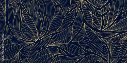 Luxury gold floral line pattern, elegant leaves and flowers on a dark background. Vector art deco illustration, Japanese ornament, Nouveau influences, modern tropical botanical design.