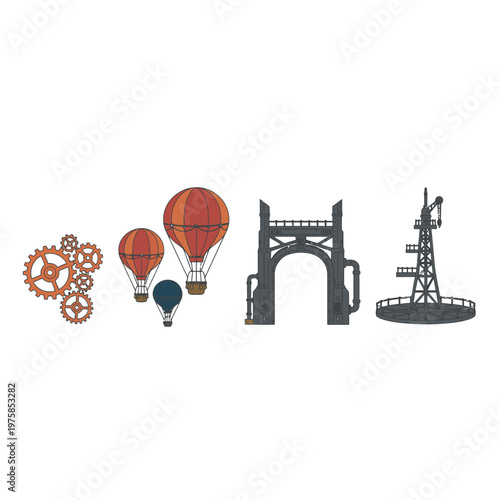 Steampunk Hot Air Balloons Gears Bridge and Tower Collection.