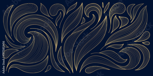 Luxury gold floral line pattern, elegant leaves and flowers on a dark background. Vector art deco illustration, Japanese ornament, Nouveau influences, modern tropical botanical design.