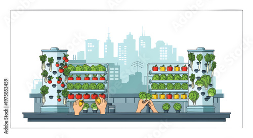 Urban Vertical Farming Concept with City Skyline Background
