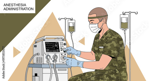 Anesthesiologist in Camouflage Uniform Administers Anesthesia During Surgery