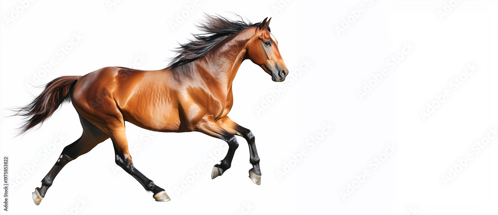Fototapeta premium Majestic brown horse galloping on white background