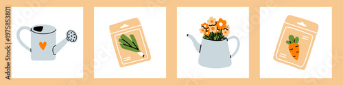 Vector gardening illustration set with cute flat icons. Watering can, leek and carrot seed packet, flower teapot. Farm and agriculture elements for spring garden poster, label, eco lifestyle design.