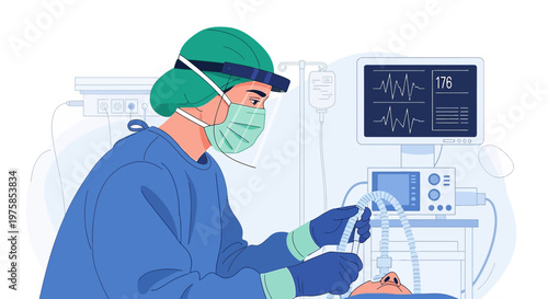 Anesthesiologist in protective gear administers anesthesia to a patient in an operating room