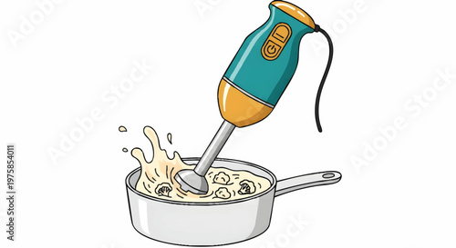 Electric mixer blending food in a pot with splashes