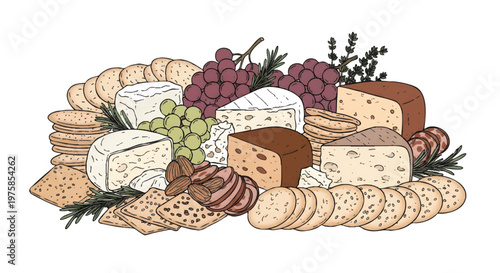 Colorful cheese and crackers platter with grapes and herbs
