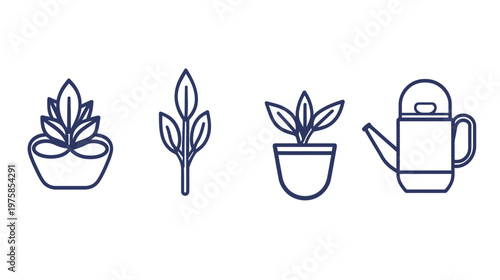 A collection of simple line art illustrations, featuring potted plants and a watering can