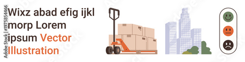 Supply chain, logistics, customer feedback, urban industry, warehousing, quality management. Forklift with stacked boxes, city skyline and satisfaction scale. Logistics and customer feedback ion