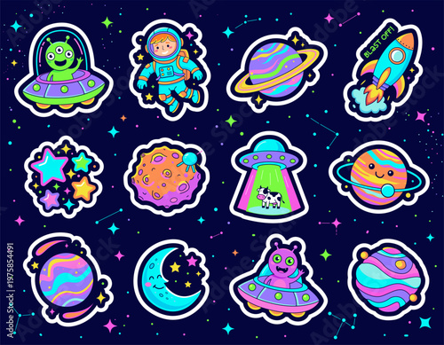 A set of stickers for children with aliens, UFOs, astronauts, stars, planets. Space elements