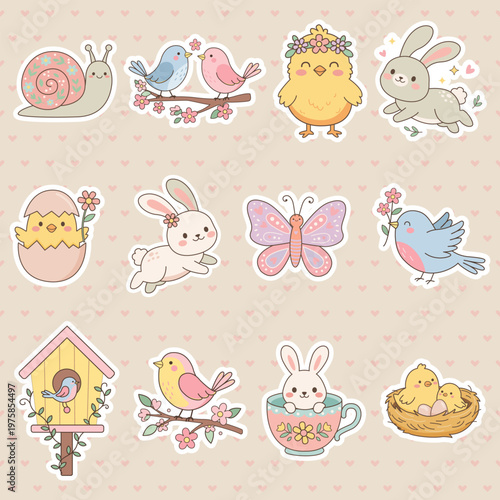 A set of cute vector Easter stickers for kids. Nature butterfly chicken rabbit egg Easter egg snail baby bird