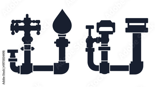 Silhouetted illustration showing different plumbing fixture elements, including valves and piping, on white