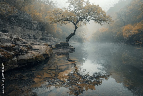 Lone Golden Tree on Misty Autumn River Rocks