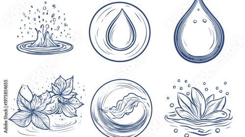 An illustration featuring six blue line drawings of water-related elements and aquatic flora