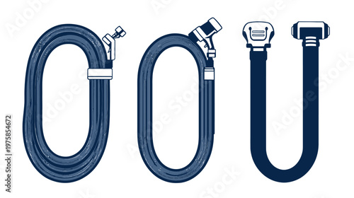 Three stylized, simplified illustrations of hoses and connectors in shades of blue on white