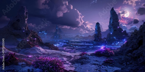 Purple Alien World Landscape with Glowing Rocks & Moon