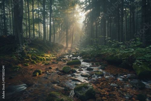 Sunbeams Piercing Lush Forest over Rocky Stream