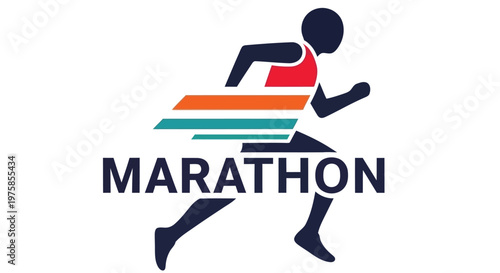 A stylized graphic depicting a marathon runner with flowing lines and bold text