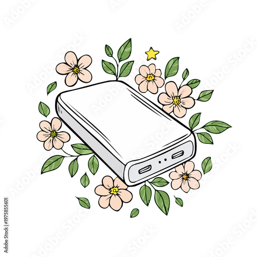 Hand drawn illustration of a portable power bank surrounded by delicate blossoms and green leaves