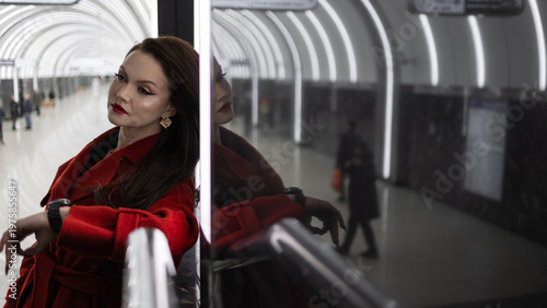 A stylish brunette in a red coat rushing on a subway platform, city life