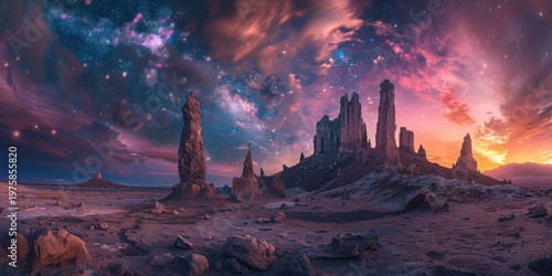 Towering Desert Hoodoos Under Cosmic Nebula Sky