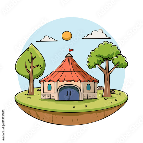 Whimsical circus tent scene with vibrant trees and playful sun under a blue sky