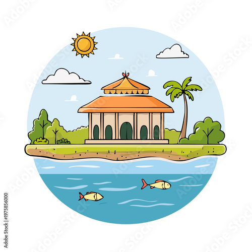 Tropical island oasis with traditional building and sunlit ocean scene