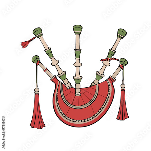 Scottish Bagpipes Musical Instrument With Red Bag and Green Details