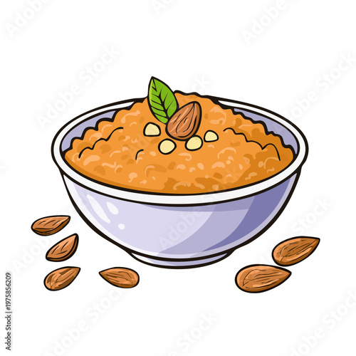 Wholesome Almond Porridge Bowl with Fresh Mint Leaf and Scattered Almonds