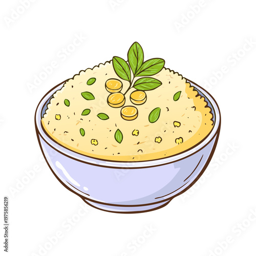 Bowl of Creamy Oatmeal Topped With Fresh Greens and Yellow Seeds