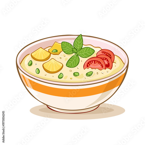 Wholesome Oatmeal Bowl with Fruit and Tomatoes Garnished with Basil