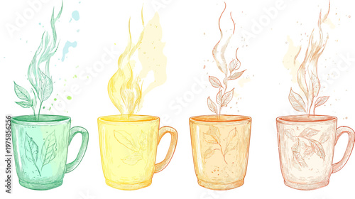 Watercolor illustration of four colorful mugs of tea with steaming plants and leaf designs