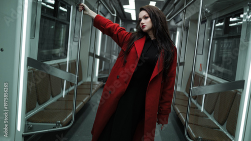 An elegant brunette in a crimson coat riding the metro, city life and street fashion