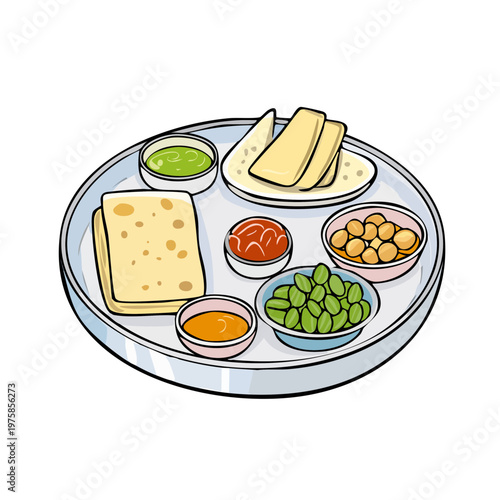 Traditional Indian Thali meal with chapati dal vegetables and chutneys for a healthy lunch