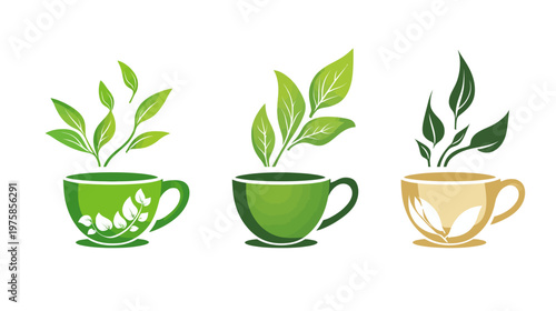 Three stylized teacups with leaves growing from them, each with a different color