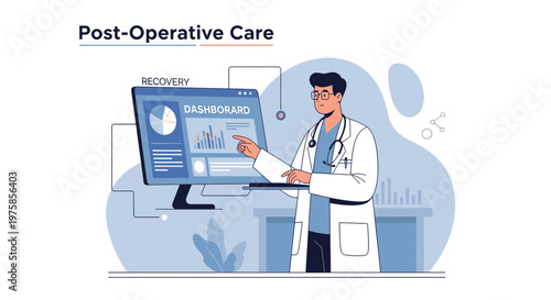 Doctor Analyzing Post-Operative Care Dashboard on Computer Screen