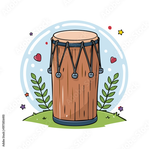 Single Conga Drum Illustration on Green Grass with Hearts and Stars