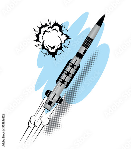 Missile Patriot attack in the sky. Bomb defend, air defense, anti-aircraft missile. Vector on transparent background