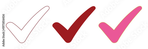 Minimalist check mark vector icons, set of 3 checkmark symbols in red and pink colors, simple validation and approval signs for web design