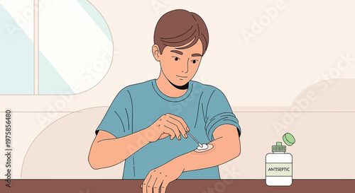 Boy applying antibiotic ointment to arm wound with cotton swab, medical bottle nearby